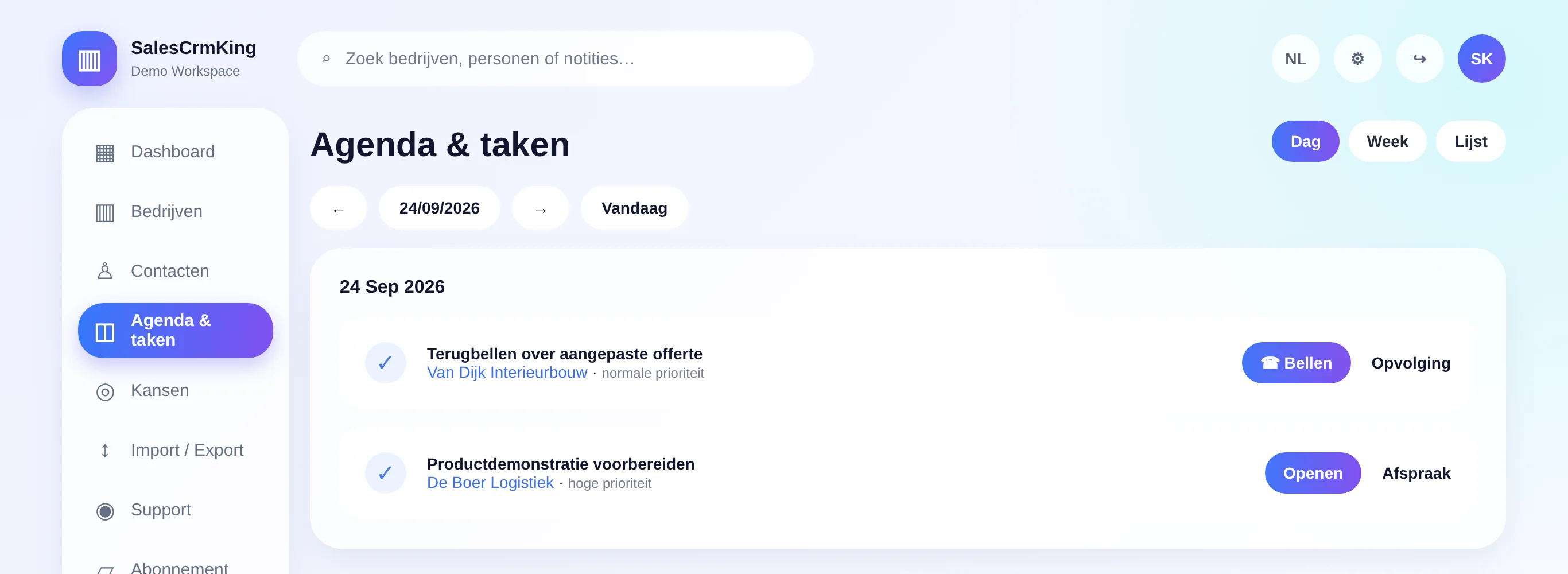 Agenda met terugbeltaken per verkoper (fictieve gegevens)