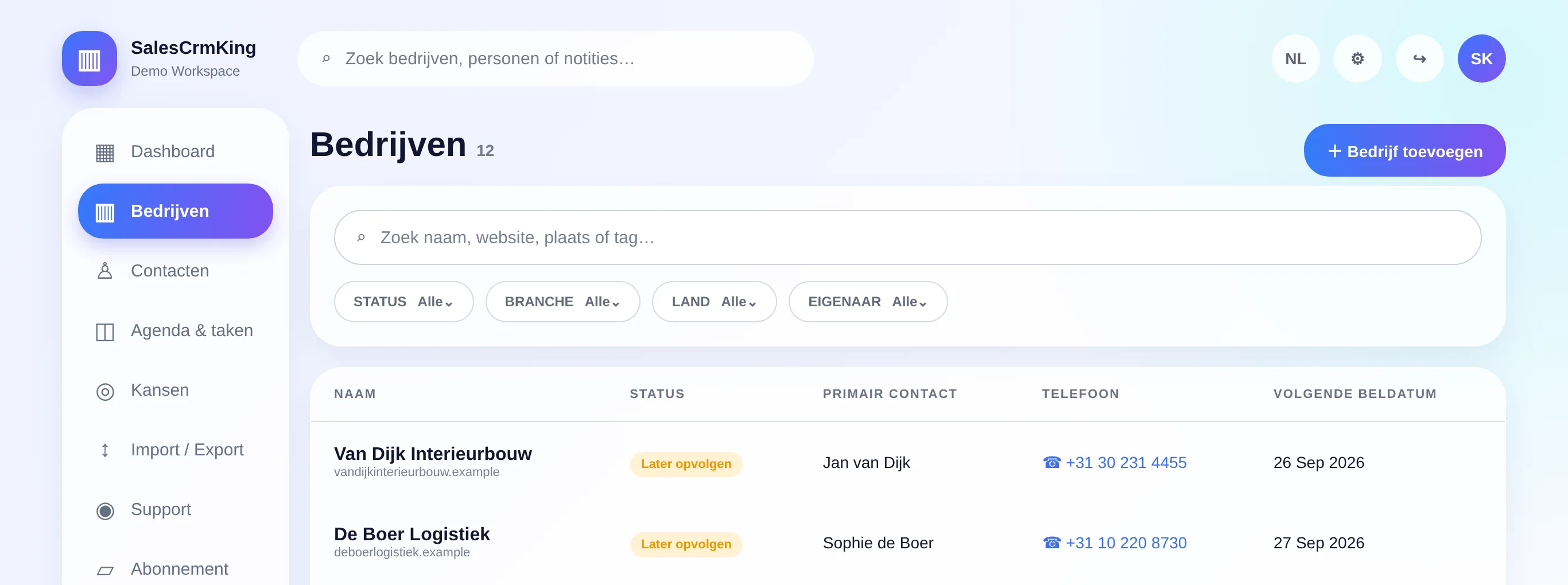 Bedrijvenoverzicht met filters op status (fictieve gegevens)